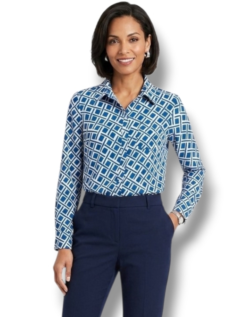 Merona Women’s Blue White Geometric Button-Down Blouse - XS
